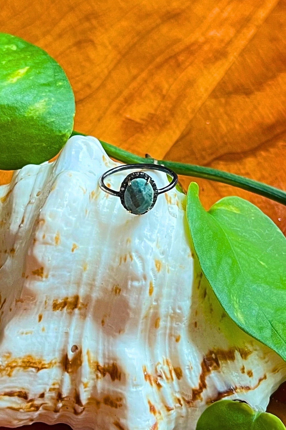 Natural Raw Emerald and Diamond Ring Oxidized Silver Size 7 | Sivalya