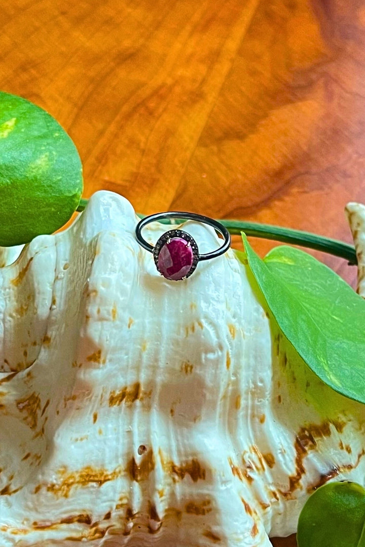 Natural Raw Ruby and Diamond Ring Oxidized Silver Size 7 | Sivalya