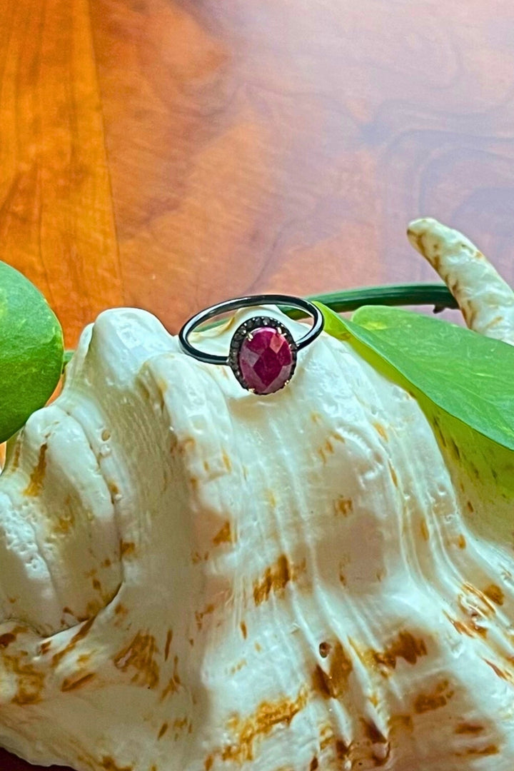 Natural Raw Ruby and Diamond Ring Oxidized Silver Size 7 | Sivalya