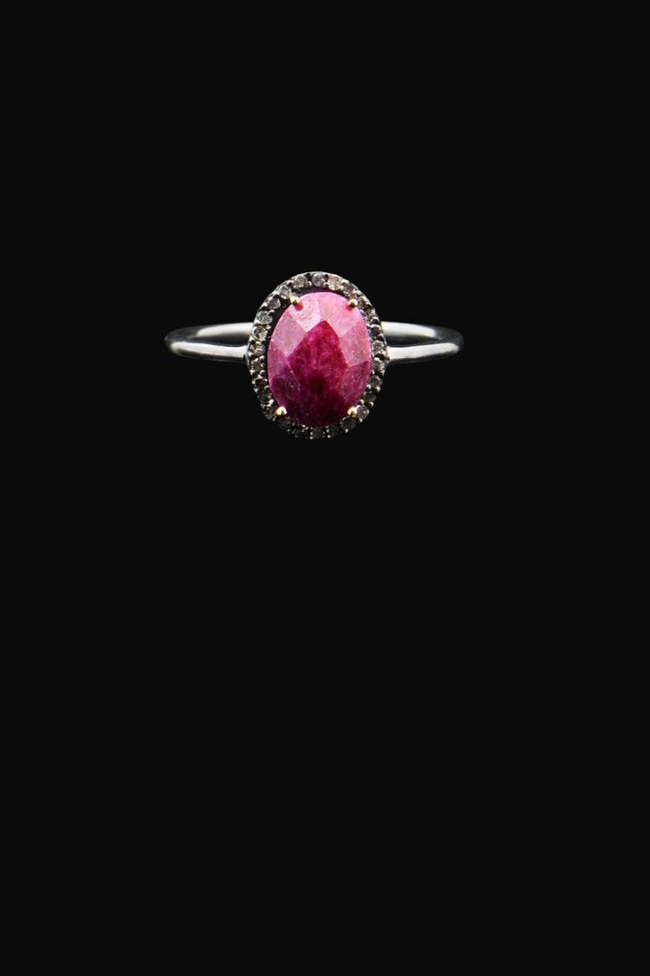 Natural Raw Ruby and Diamond Ring Oxidized Silver Size 7 | Sivalya