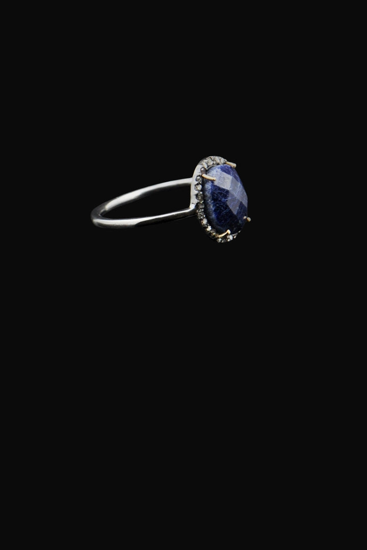 Natural Raw Sapphire and Diamond Ring Oxidized Silver Size 7 | Sivalya