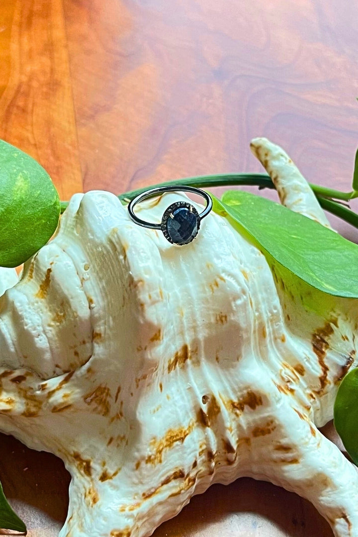 Natural Raw Sapphire and Diamond Ring Oxidized Silver Size 7 | Sivalya