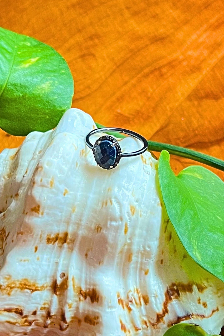 Natural Raw Sapphire and Diamond Ring Oxidized Silver Size 7 | Sivalya