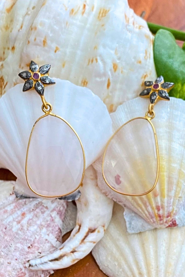 Blush Rose Quartz Slice with Diamonds Earrings