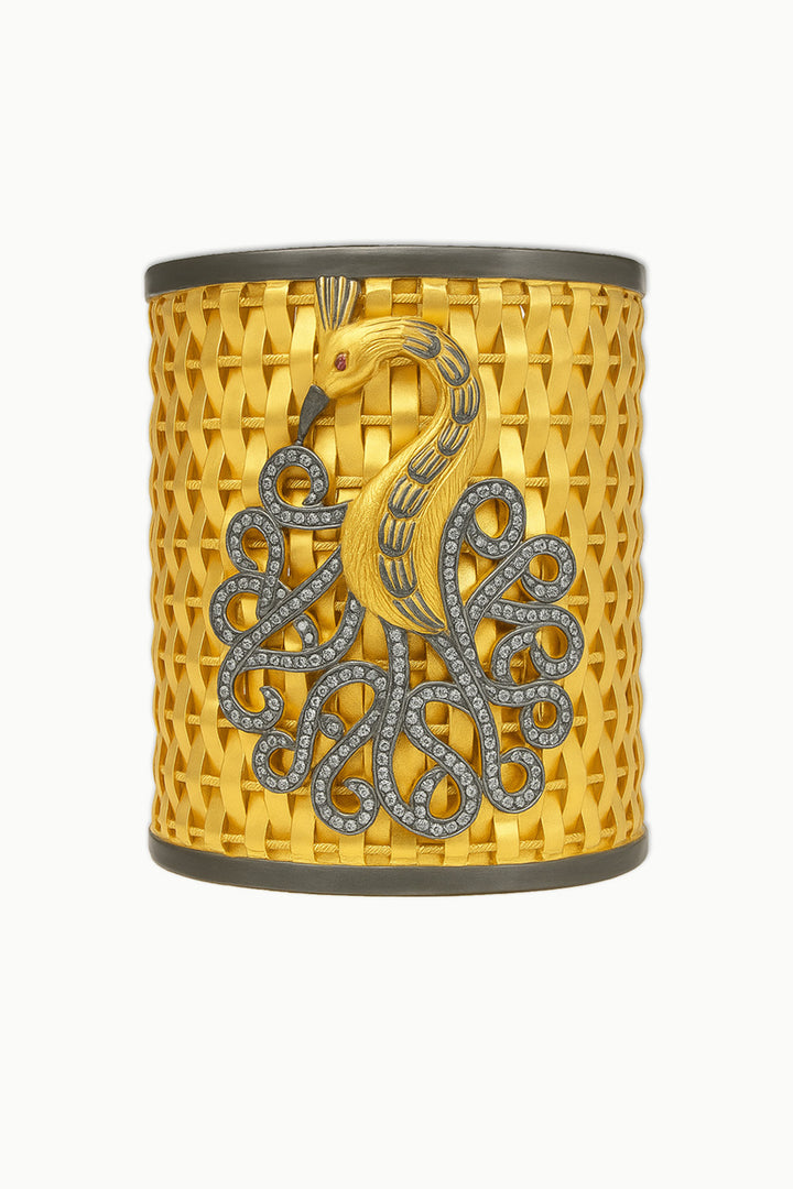 Peacock Cuff Bracelet with Diamonds in Woven Gold | Sivalya