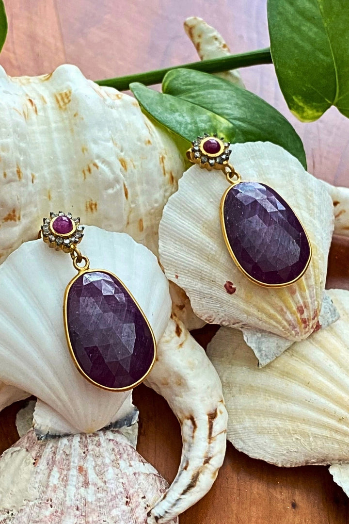 Natural Ruby and Diamond Gold Dangle Earrings | Sivalya