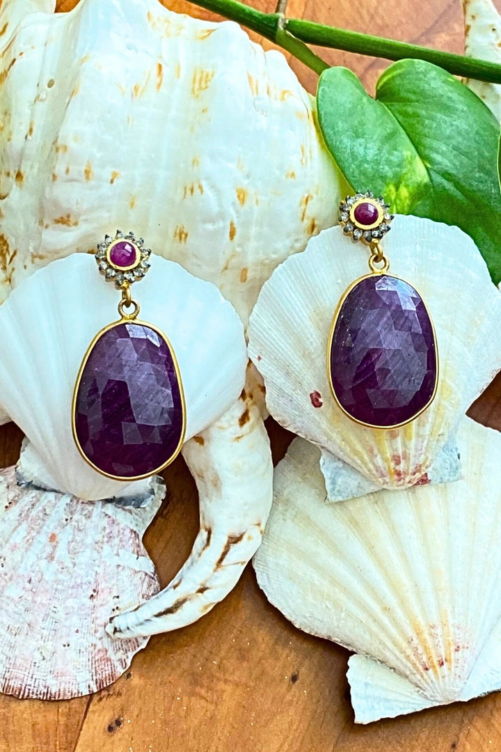 Natural Ruby and Diamond Gold Dangle Earrings | Sivalya