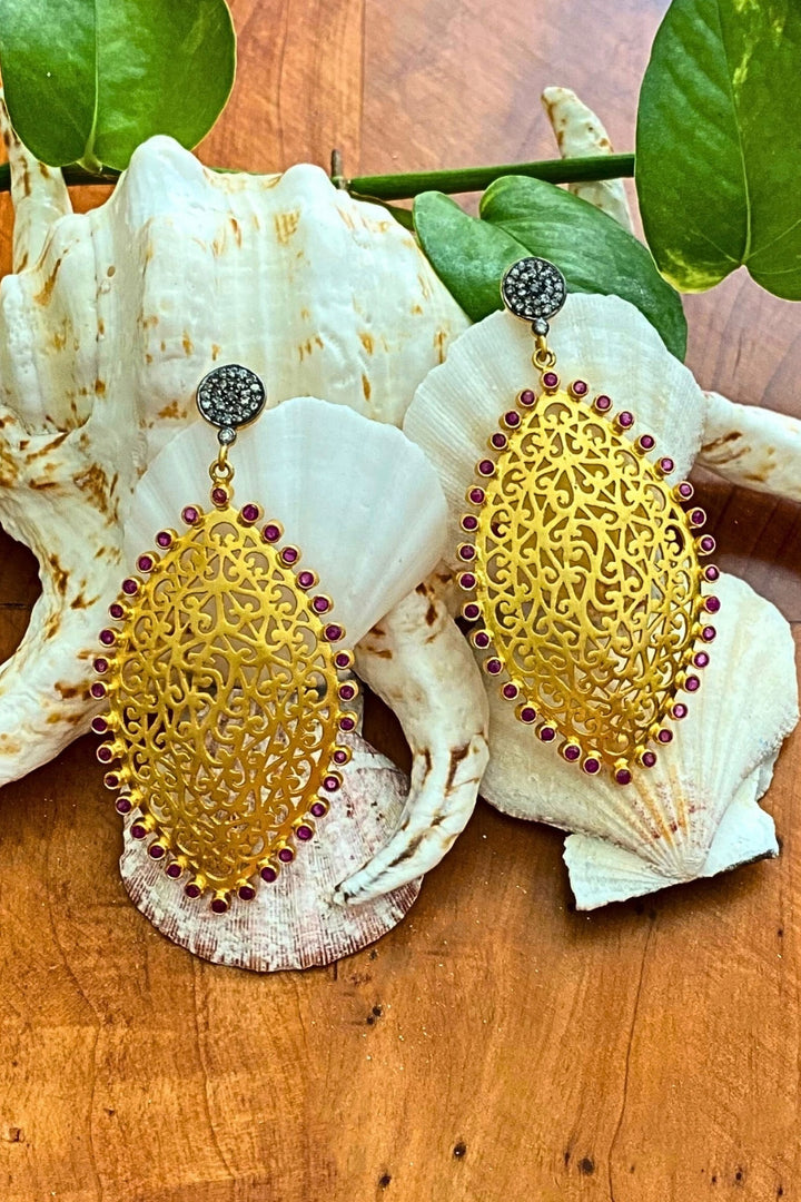 Marrakesh Ruby and Diamonds Gold Filigree Dangle Earrings | Sivalya