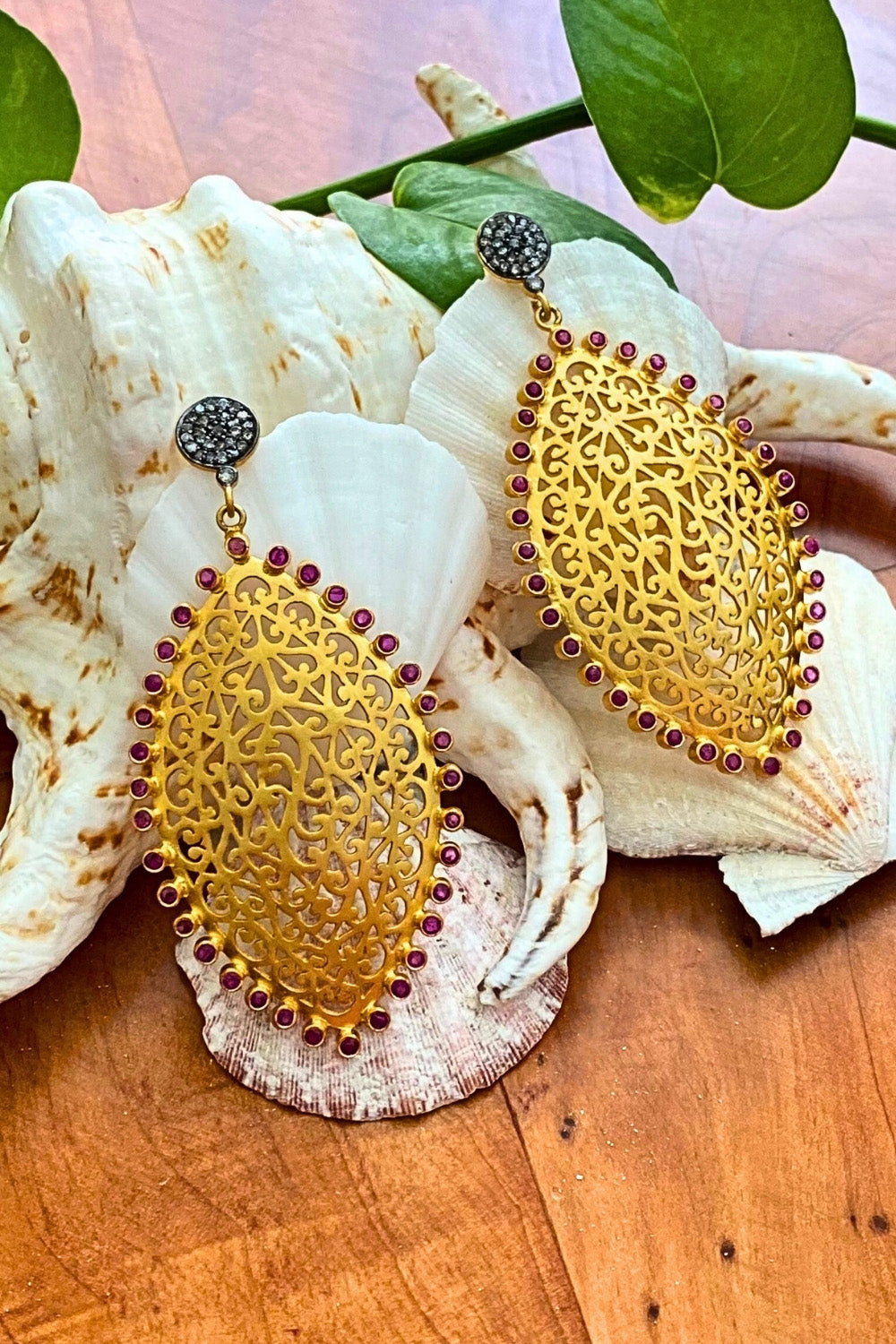 Marrakesh Ruby and Diamonds Gold Filigree Dangle Earrings | Sivalya