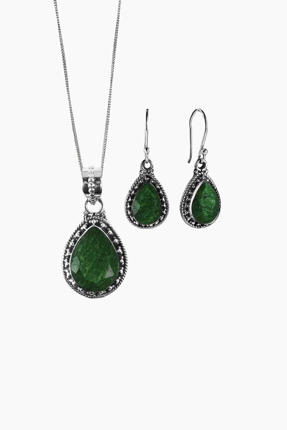 Sivalya Raw Emerald Necklace and Earrings Set Sterling Silver - Amalfi