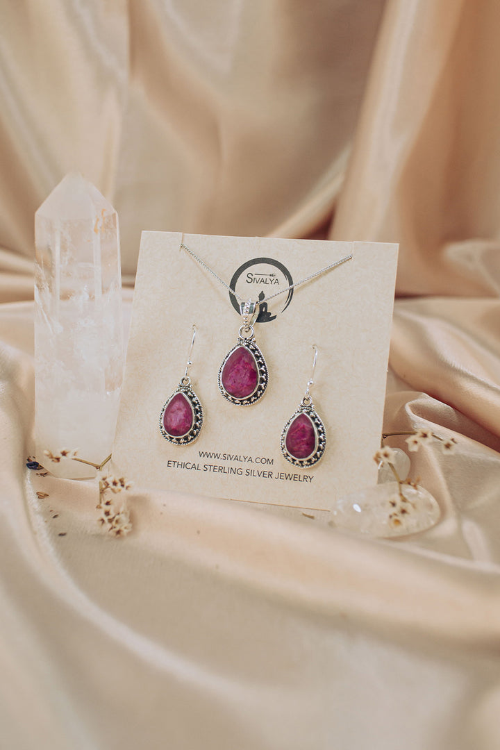 Sivalya Raw Ruby Necklace and Earrings Set Sterling Silver - Amalfi