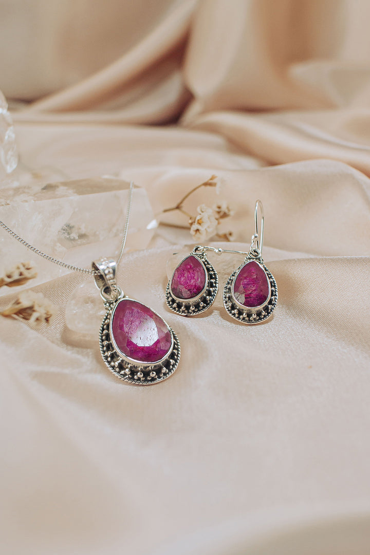 Sivalya Raw Ruby Necklace and Earrings Set Sterling Silver - Amalfi