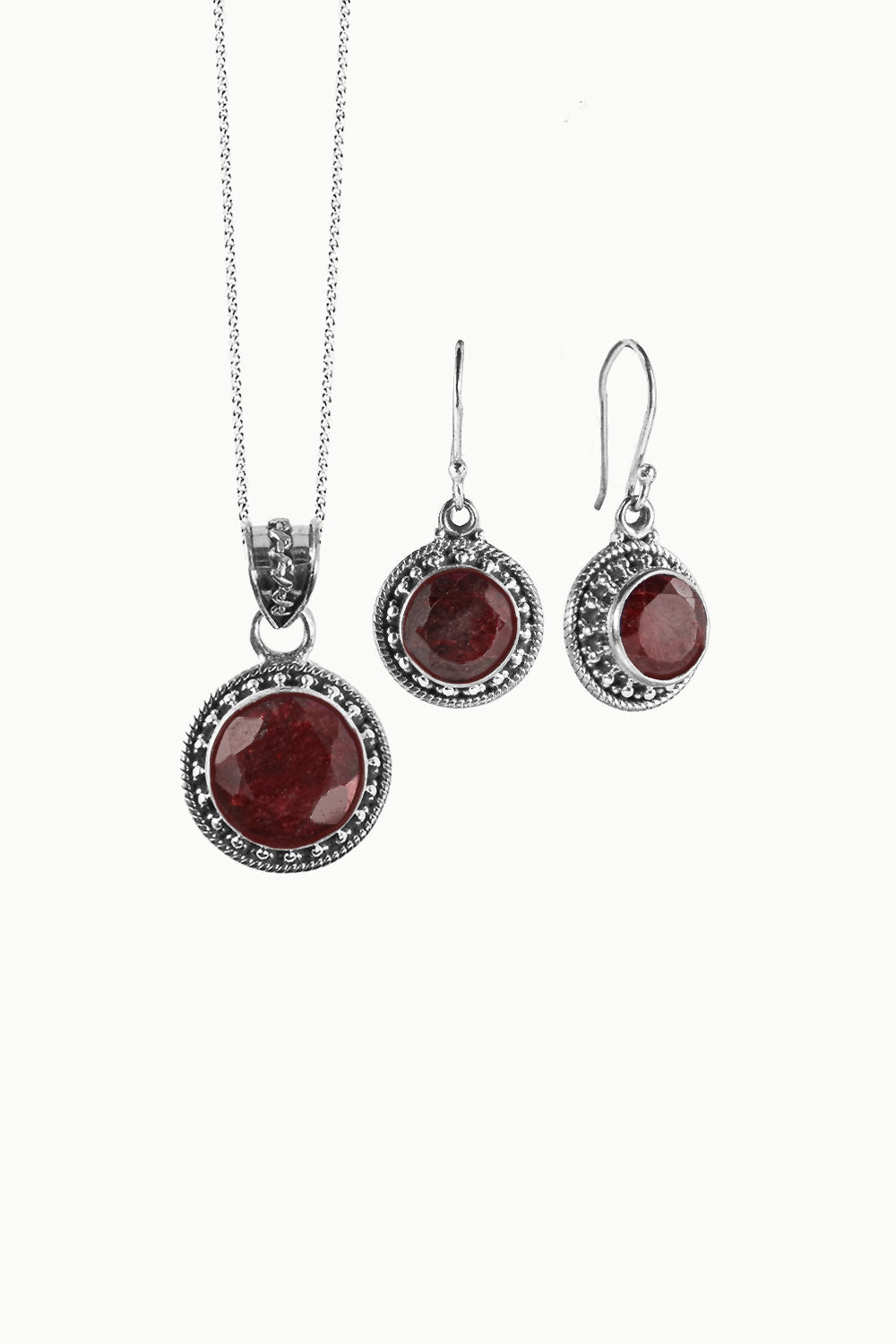 Sivalya Raw Ruby Silver Necklace and Earrings Jewelry Set - Aurora