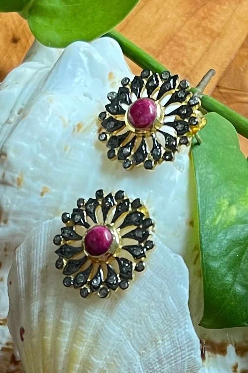 Blossoming Ruby and Diamond Flower Stud Earrings Gold | Sivalya