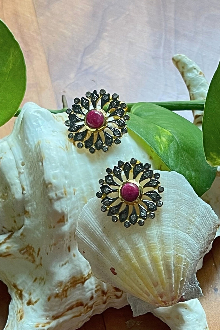 Blossoming Ruby and Diamond Flower Stud Earrings Gold | Sivalya