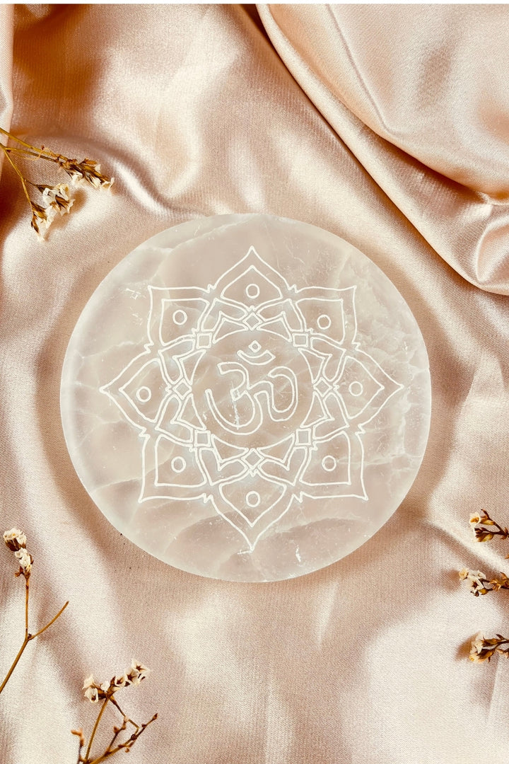 Om Etched Selenite Charging Plate