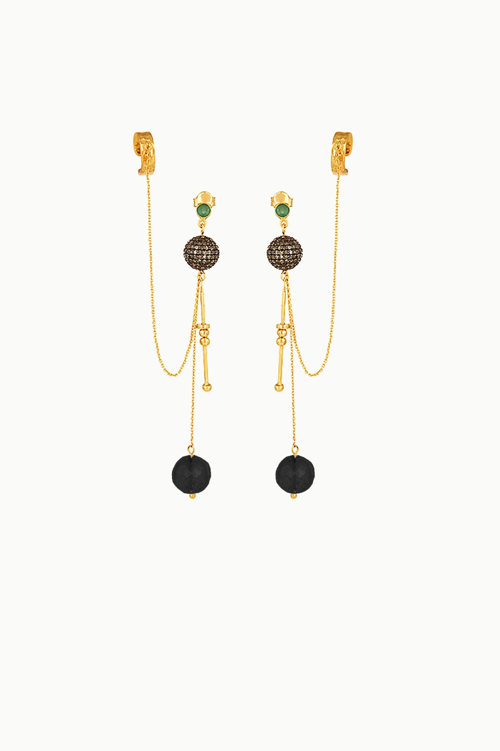 Cascading Diamonds & Black Onyx Gold Ear Cuff Dangle Earrings | Sivalya