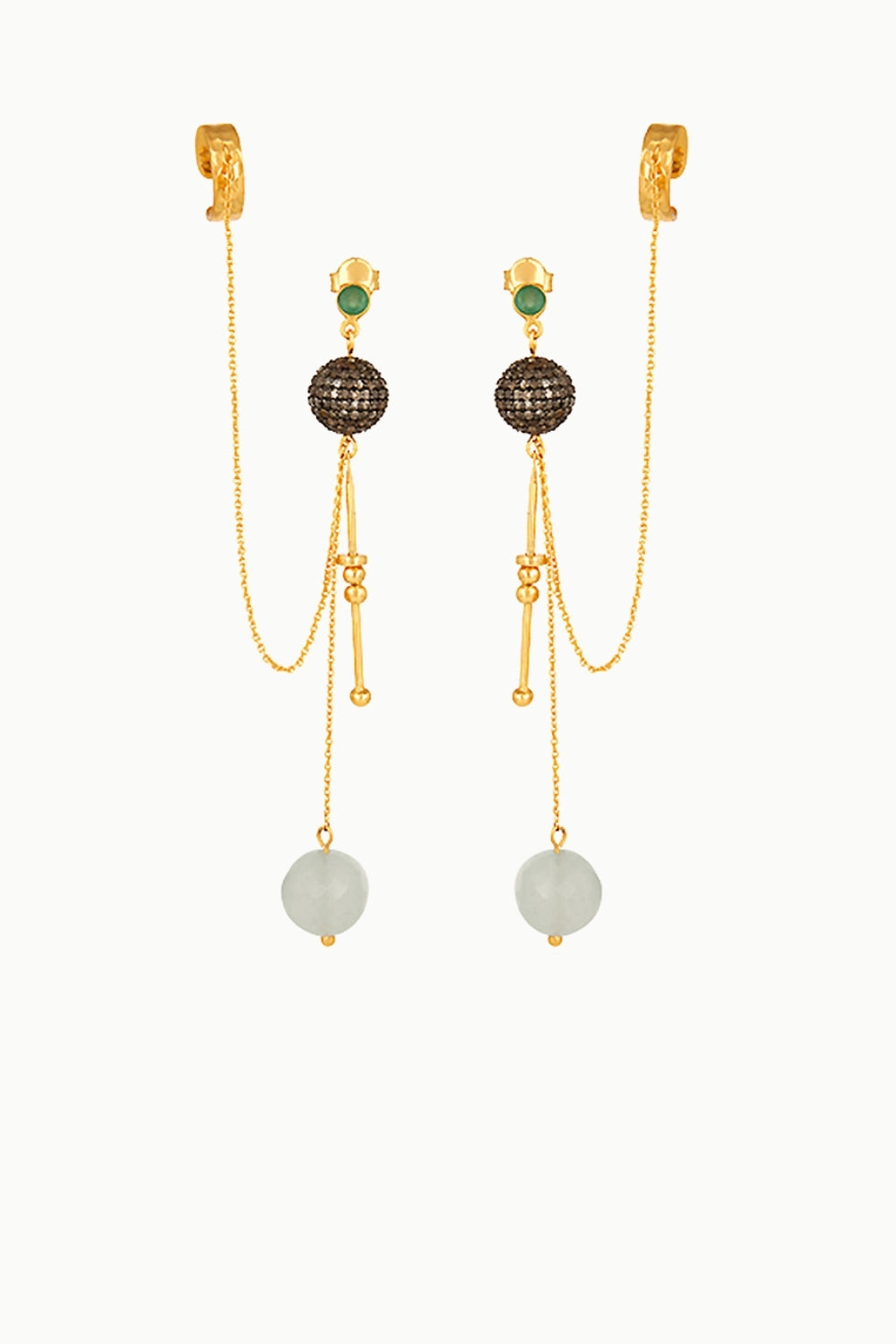 Cascading Diamonds & Moonstone Gold Ear Cuff Dangle Earrings | Sivalya