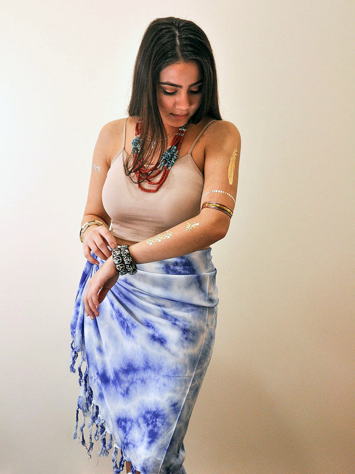 Tropez Tie Dye Sarong - Indigo Blue worn as sarong