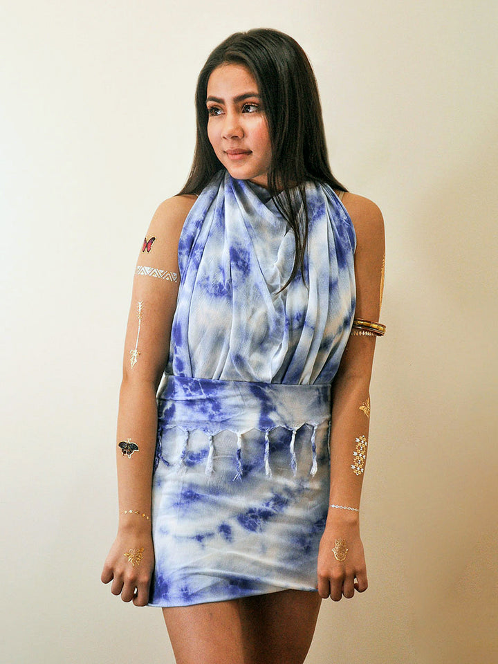 Tropez Tie Dye Sarong - Indigo Blue worn as shawl