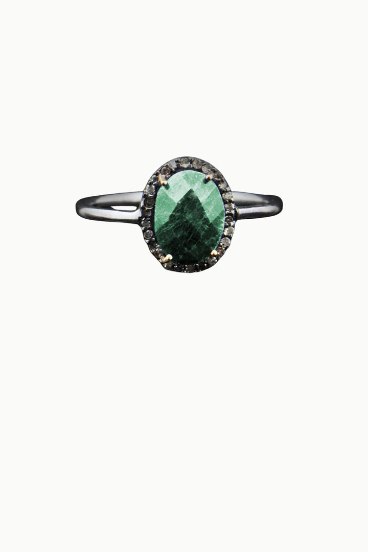 Natural Raw Emerald and Diamond Ring Oxidized Silver Size 7 | Sivalya