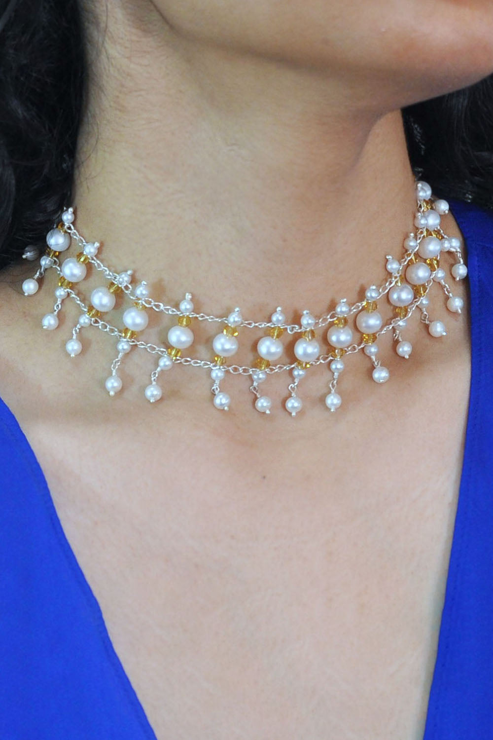 Symphony Pearls with Crystals Choker Necklace Sterling Silver