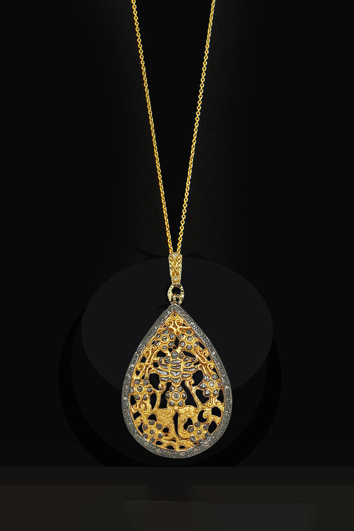 Elegant Teardrop Diamond Filigree Gold Pendant Necklace | Sivalya