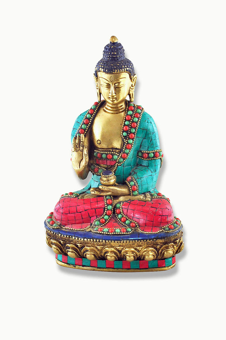 Sivalya Buddha Blessings Statue with Turquoise & Coral Mosaic Detailing