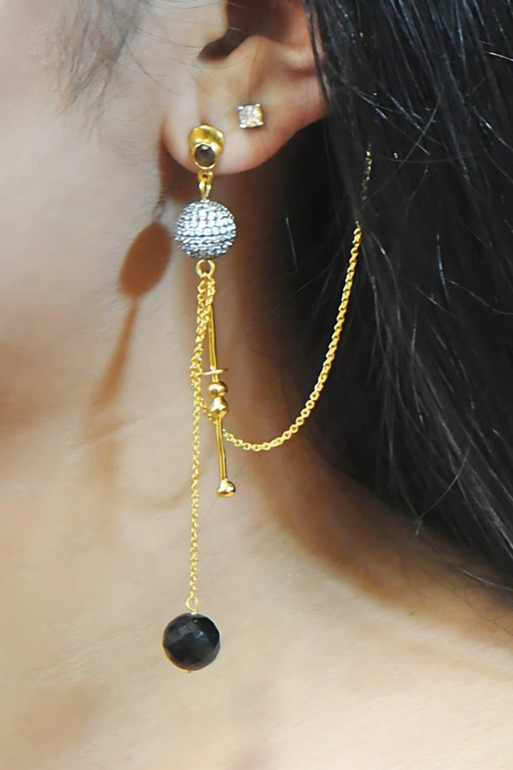 Cascading Diamonds & Black Onyx Gold Ear Cuff Dangle Earrings | Sivalya