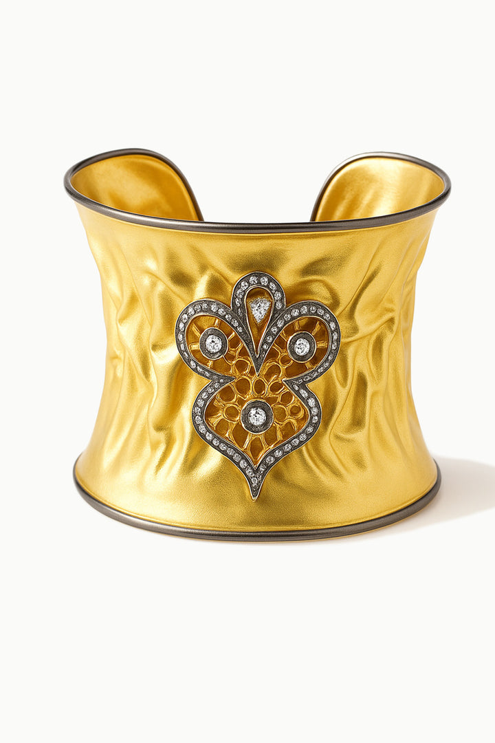 Diamond Studded Paisley Cuff Bracelet in Textured Gold | Sivalya