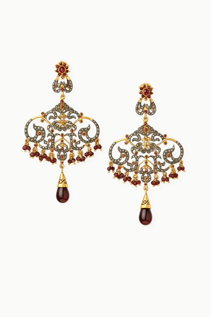 Diamonds and Ruby Briolettes Chandelier Earrings Gold | Sivalya