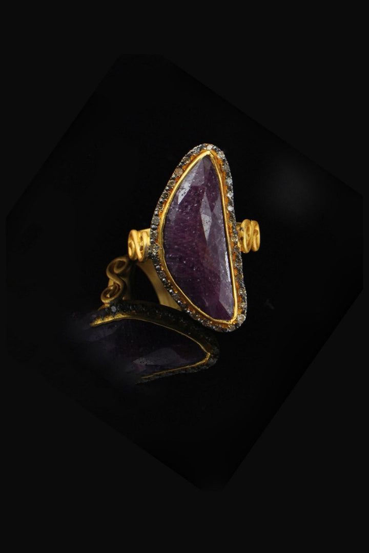 Natural Ruby and Diamonds Crescent Moon Ring Gold Size 7 | Sivalya