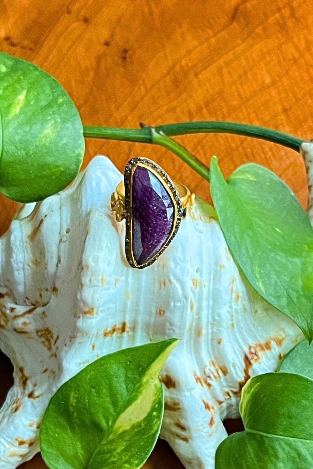 Natural Ruby and Diamonds Crescent Moon Ring Gold Size 7 | Sivalya