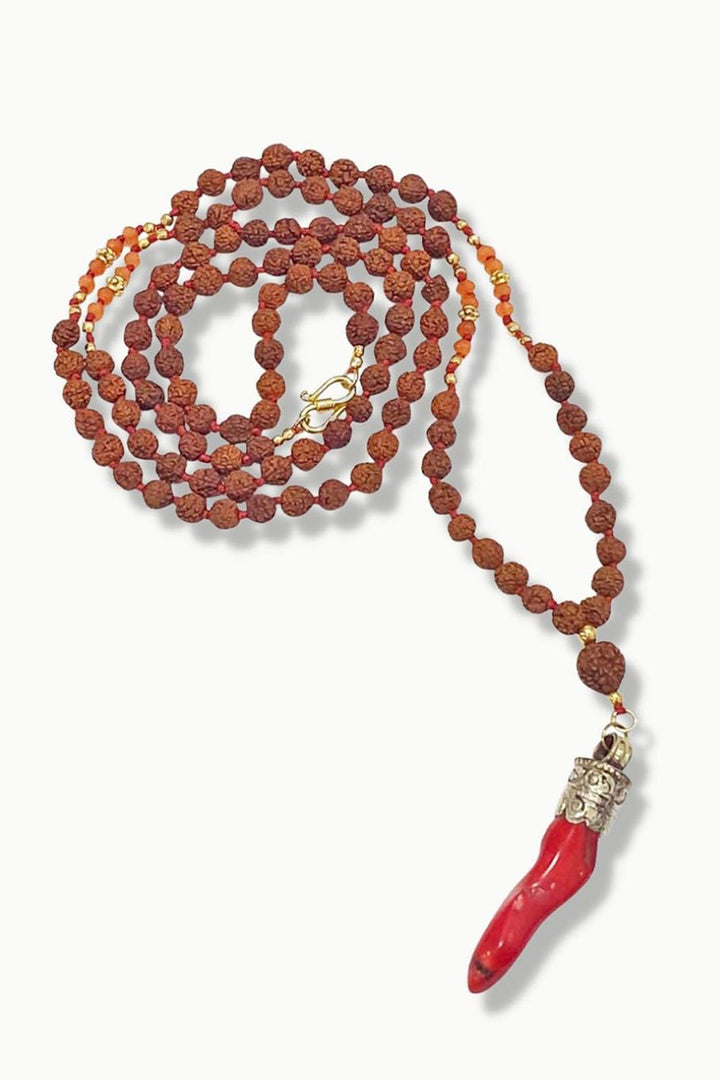 Sivalya Protection Rudraksha Mala With Red Horn Amulet