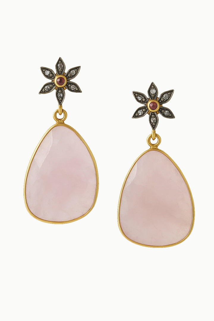 Blush Rose Quartz Slice with Diamonds Earrings