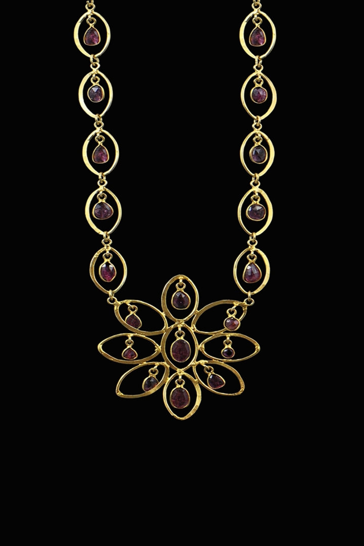 Enchanting Floral Pink Tourmaline Drop Necklace in Gold | Sivalya