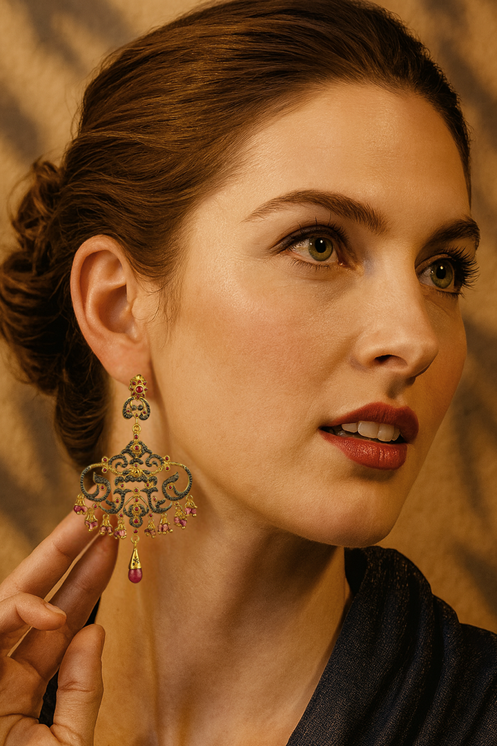 Diamonds and Ruby Briolettes Chandelier Earrings Gold | Sivalya