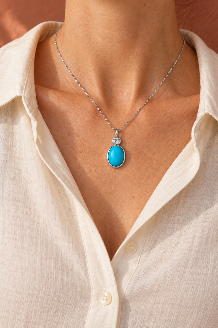 Turquoise &amp; White Sapphire Oval Cut Charm