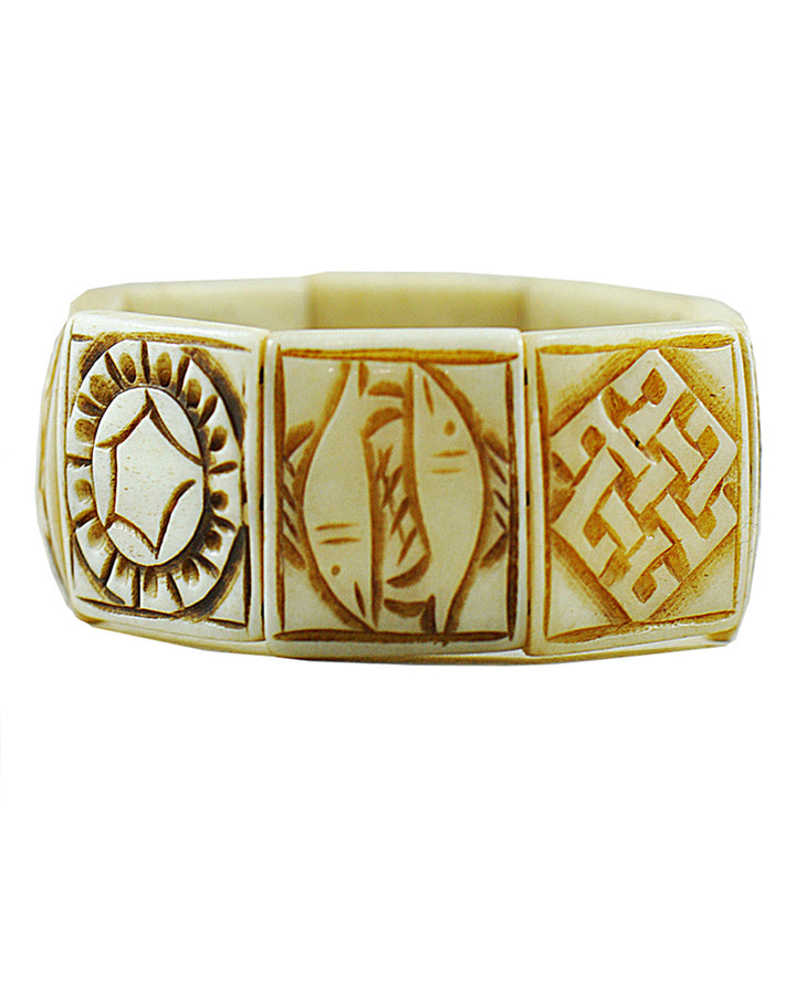 Buddhist 8 Auspicious Symbols Yak Bone Bracelet for Men White